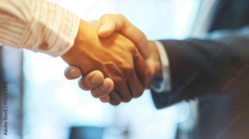 A professional handshake between two individuals. Close-up perspective, diverse