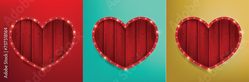 Happy Valentine's day banner background with Retro light bulbs heart shape wood sign background
