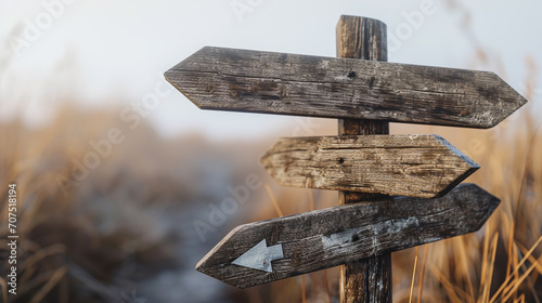 Focused on three old wooden blank arrow signs in soft mist photo