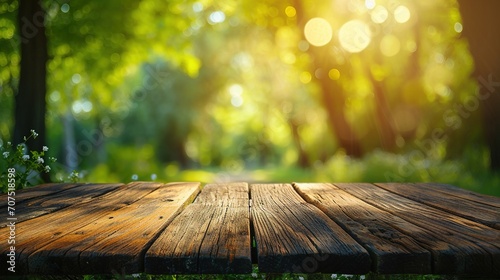 Nature background, Wood table for food and product display over blur green tree garden, Blue park nature outdoor and wood table with bokeh light background in spring and summer photo