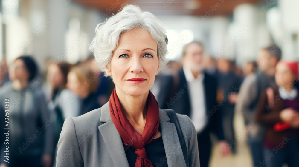 Modern adult woman with short hair in an office suit against background of moving people. Portrait of a business woman Modern adult woman with short hair in an office suit against background of moving people. Portrait of a business woman