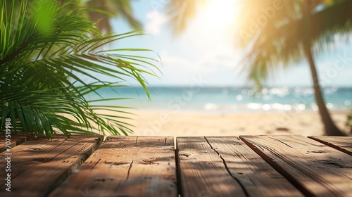 old wood table top on blurred beach background with coconut leaf. Concept Summer