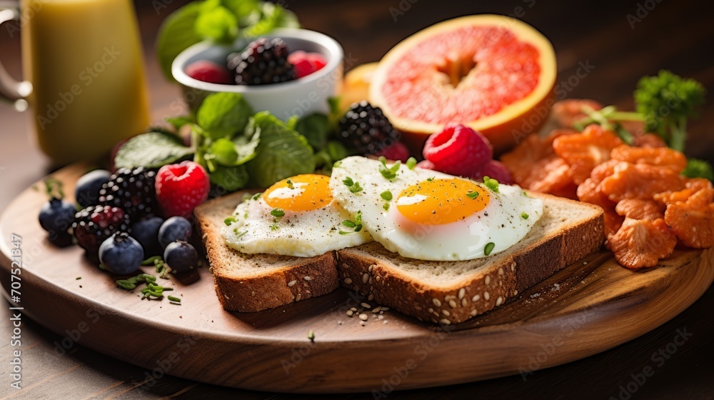 Hearty breakfast spread with eggs, toast, and fresh fruit, ready to energize the day Hearty breakfast spread with eggs, toast, and fresh fruit, ready to energize the day