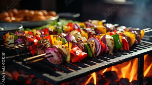 Sizzling skewers on a grill, each loaded with a variety of fresh, colorful vegetables