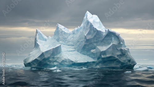 The sharp edges and angular formation of this polygonal iceberg in the ocean evoke a sense of advanced technology and artificial intelligence. © Justlight