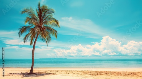 Palm tree on tropical beach with blue sky and white clouds abstract background. Copy space of summer vacation and business travel concept. Vintage tone filter effect color style © INK ART BACKGROUND