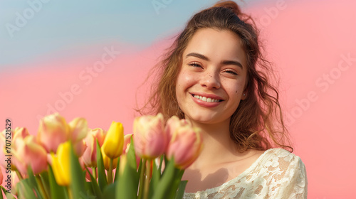 a woman smiles with tulips outside