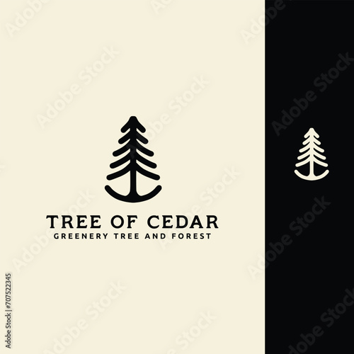 Cedar pines tree wood forest logo design vector line