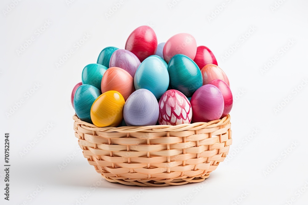 A neat wicker basket with Easter eggs on a white background. A neat wicker basket with Easter eggs on a white background.