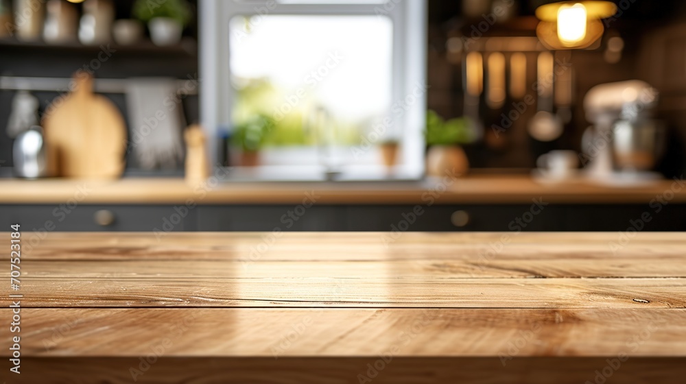 Selective focus on wooden kitchen island. empty dining table with copy space for display products Selective focus on wooden kitchen island. empty dining table with copy space for display products