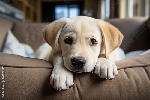A cute white Labrador on a grey sofa.