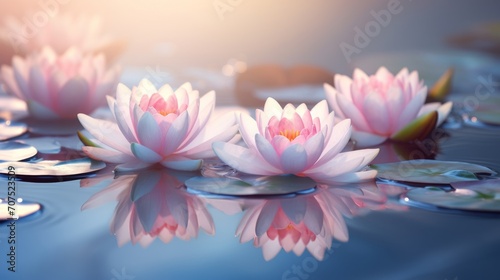 Delicate lotus flowers float on a still pond, embodying peace and serenity