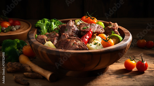 Fresh meat and veggies in a wooden bowl