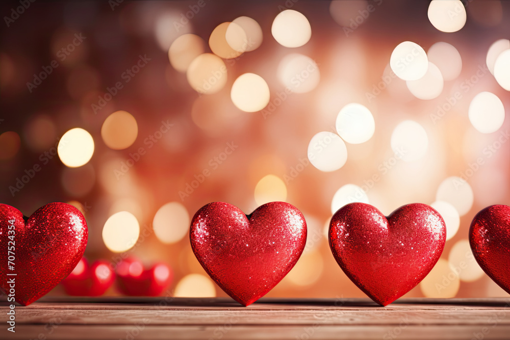 Close up of red hearts on wooden table against defocused lights. St. Valentines Day background Close up of red hearts on wooden table against defocused lights. St. Valentines Day background