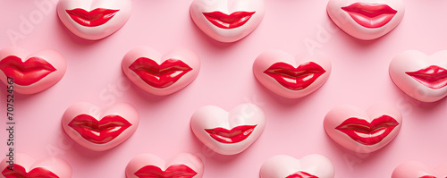 Creative pattern made with bright red lips figurine on pastel pink background. 80s or 90s romantic retro style aesthetic idea. Valentines day concept with kisses