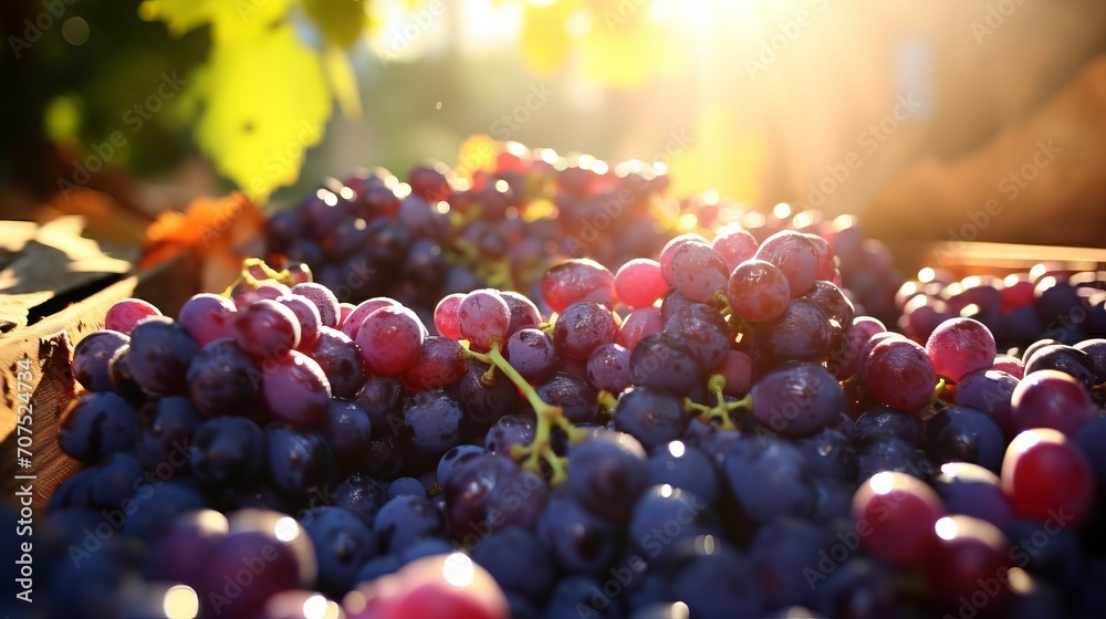 Ripe grapes being crushed, their juice glistening in the sunlight, starting the wine process - obrazy, fototapety, plakaty 