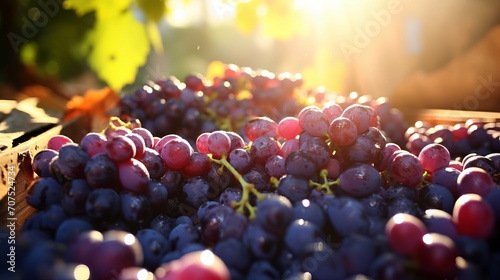 Ripe grapes being crushed, their juice glistening in the sunlight, starting the wine process