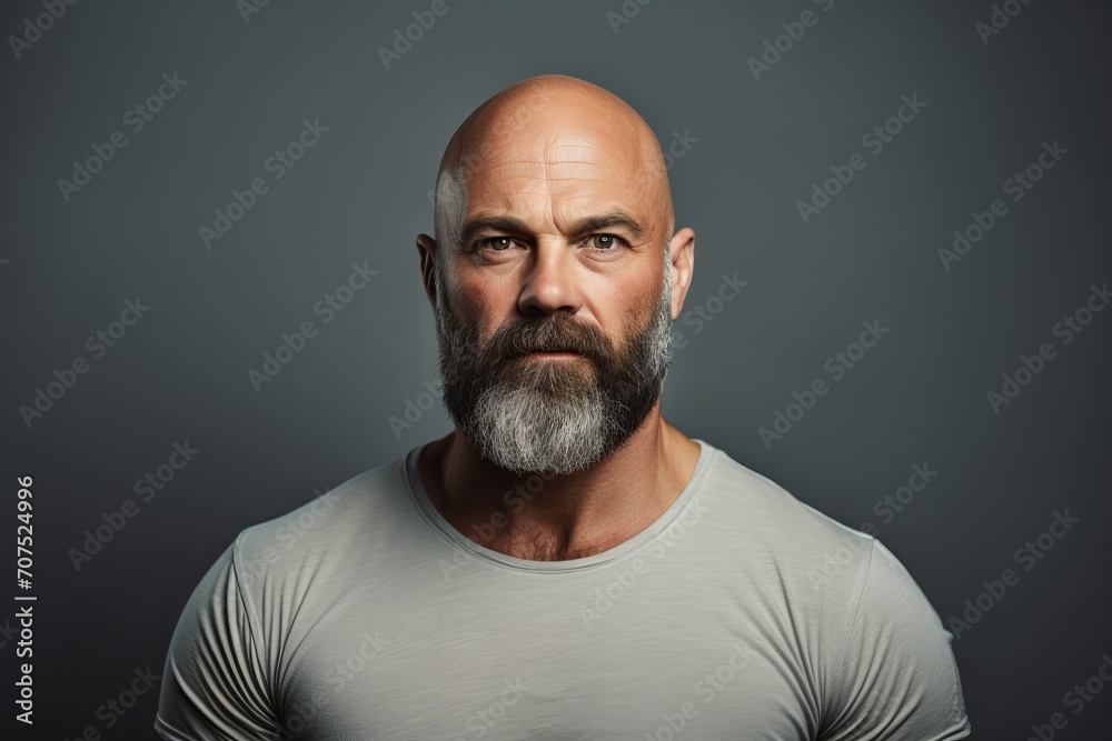 Portrait of a bearded senior man in grey t-shirt.
