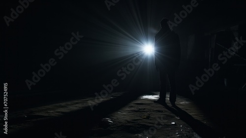 Lone light searches in the dark, casting long shadows and creating a sense of mystery © vectorizer88