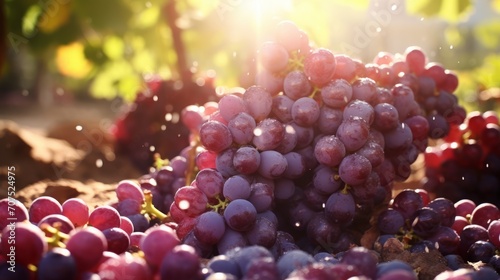 Ripe grapes being crushed, their juice glistening in the sunlight, starting the wine process