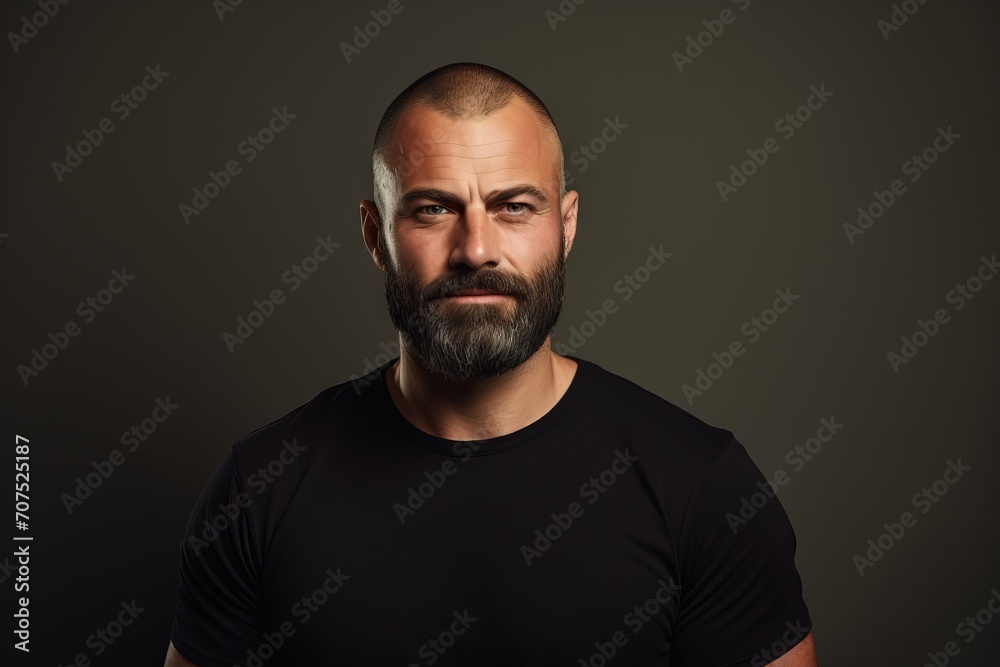 Portrait of a bearded man in a black t-shirt.