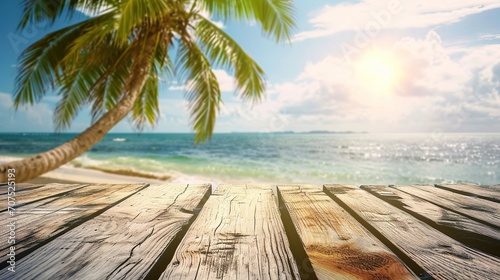 Summer holiday concept: Wooden table with coconut palm tree at the beach background