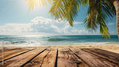 Summer holiday concept: Wooden table with coconut palm tree at the beach background