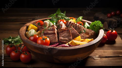 Fresh meat and veggies in a wooden bowl