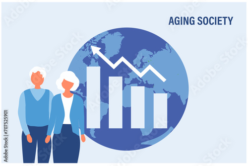 Aging society concept, world population aging because of low birth. Increasing senior elderly people vector illustration