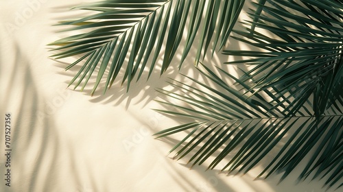 Tropical palm leaf shadow. Summer beach sand fashion background concept for travel vacation or ecological green cosmetics design.