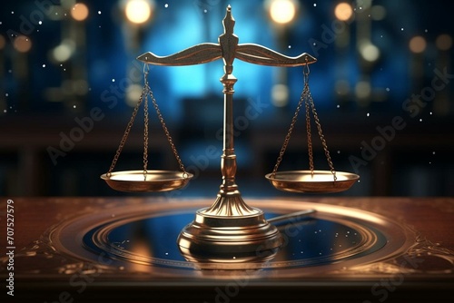 Law concept with justice scales on table, symbolizing punishment, responsibility, constitutional rights. 3D rendered image. Generative AI photo