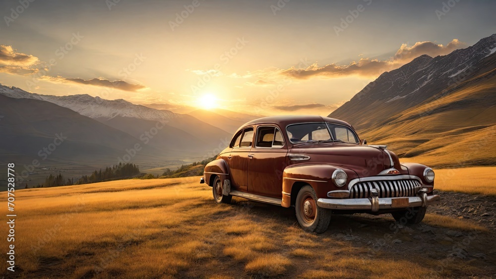 Vintage car in the mountains at sunset.