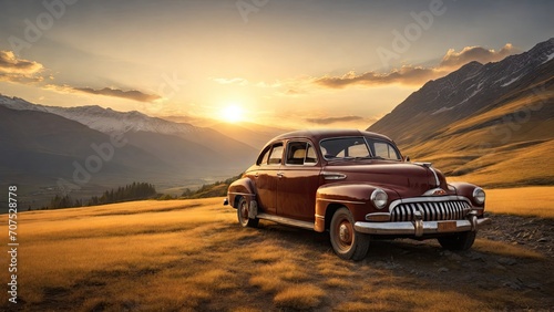 Vintage car in the mountains at sunset.