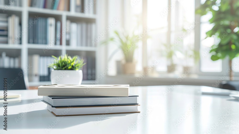 white table with books, stationery and copy space in blurred study room, flare light background white table with books, stationery and copy space in blurred study room, flare light background