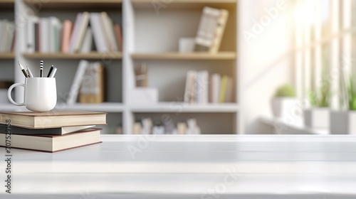 white table with books, stationery and copy space in blurred study room, flare light background