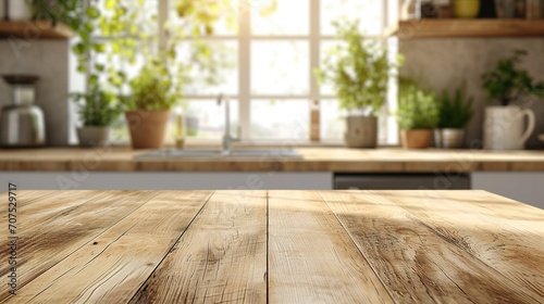 Wood desk space and kitchen background