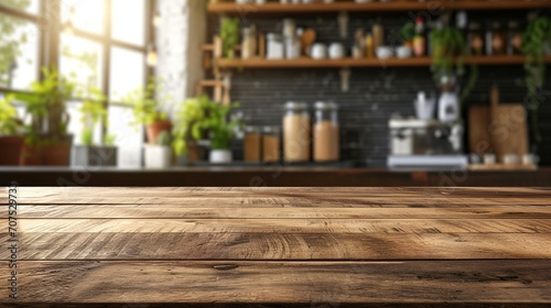 Wood desk space and kitchen background