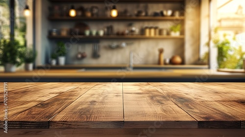 Wood desk space and kitchen background. for product display montage photo