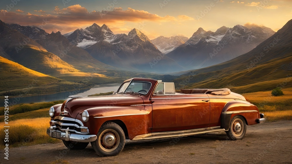 Naklejka premium Classic american car in front of mountains at sunset,