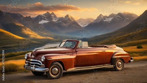 Classic american car in front of mountains at sunset, © Arfan
