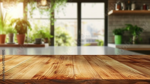 Wood desk space and kitchen background. 