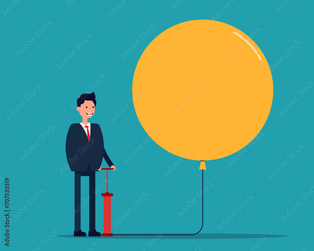 Obraz premium Big fat business inflating huge balloon with hand pump. Vector illustration concept