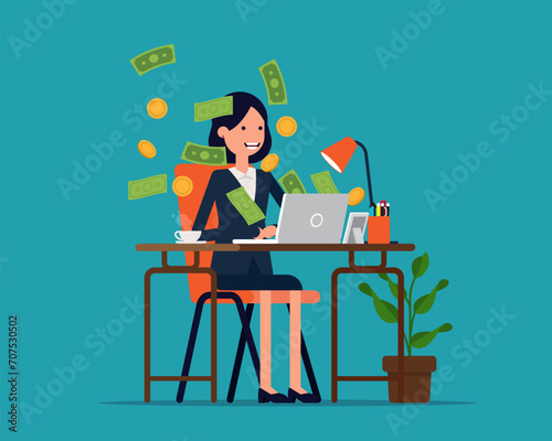 Young business sitting in front of computer screen with flying out cash. Vector financial concept