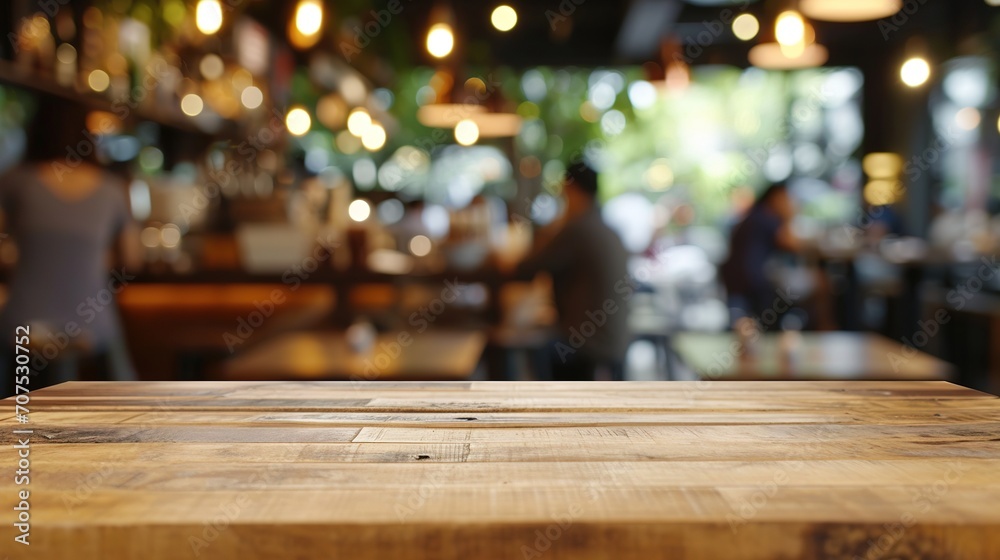 wood table top counter with abstract blur people moving in restaurant at dinner for present product on table frame wood table top counter with abstract blur people moving in restaurant at dinner for present product on table frame