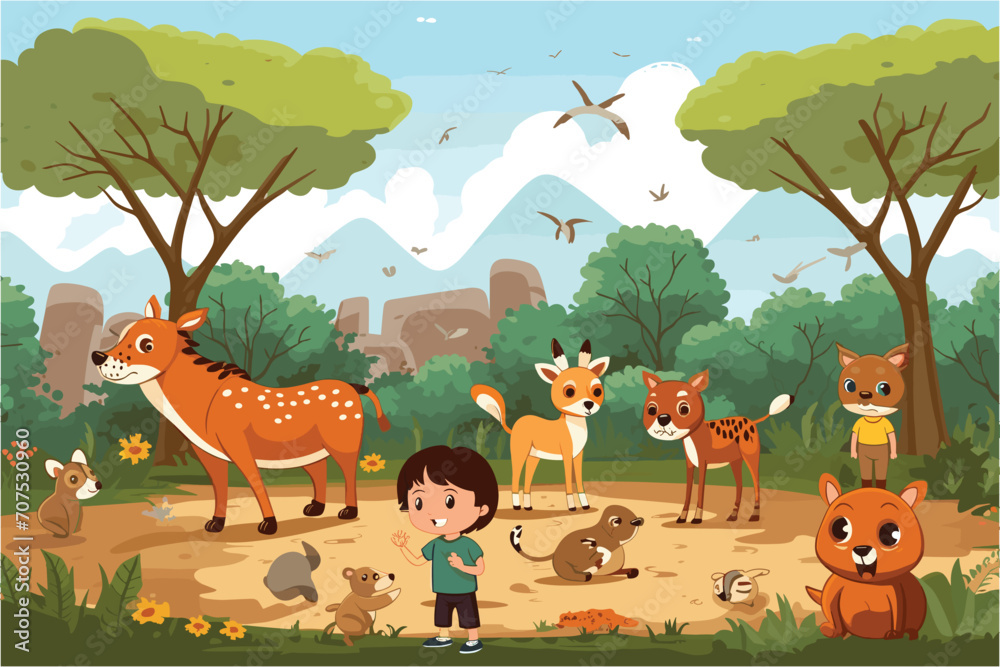 Naklejka premium Outdoor scene with kids playing, Group of Kids Playing with animals