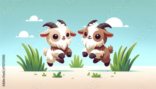 Cartoon Pygmy Goats Playing in a Minimalistic Grassy Field