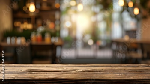 Wood table top on blur restaurant or cafe interior banner background - can be used for display or montage your product © INK ART BACKGROUND