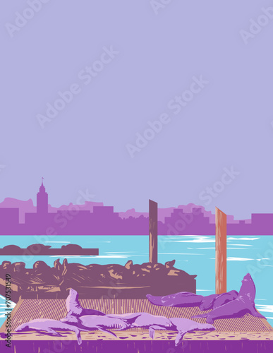 Art Deco or WPA poster of a sea lion or eared seal In the Embarcadero boulevard along the waterfront of San Francisco, United States of America USA done in works project administration style.
