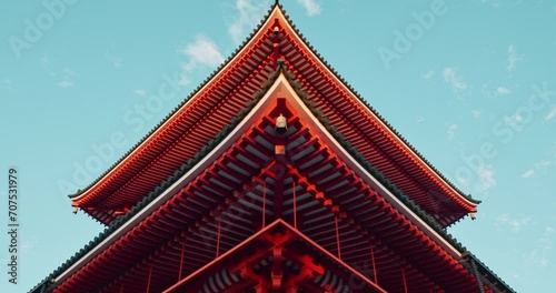Japanese temple, blu sky and architecture, religion and traditional with building for Buddhism, for faith. Tradition, culture and landscape in Japan, place of worship with property or real estate photo