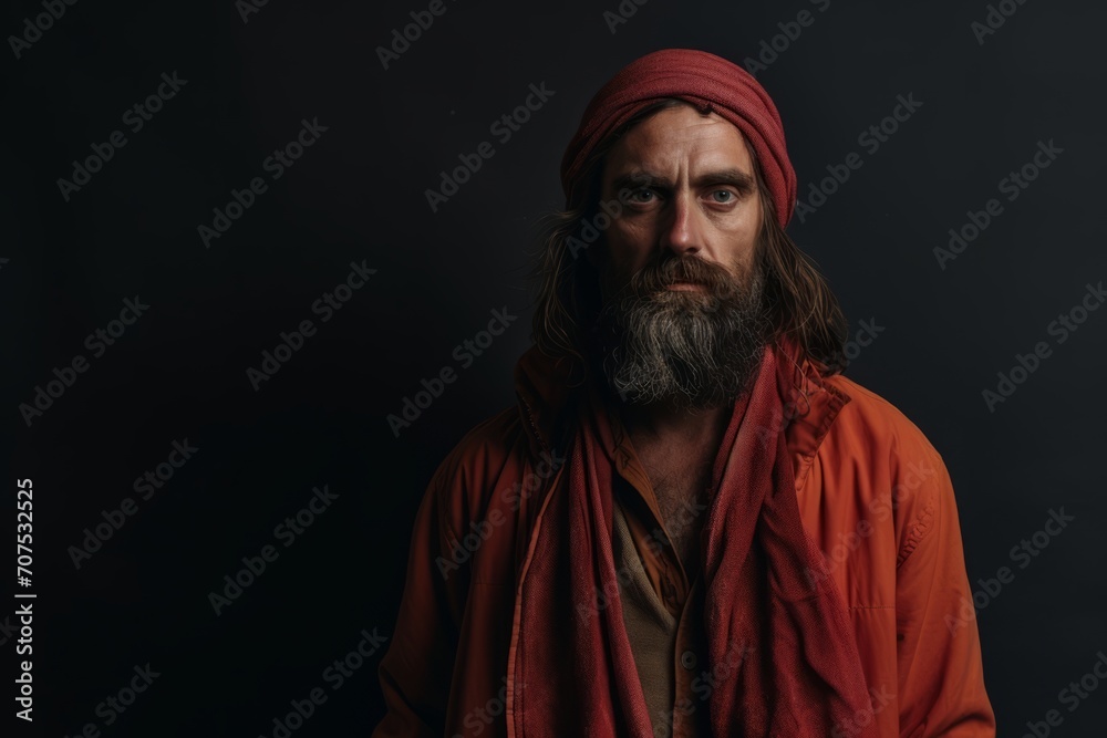 Portrait of a bearded man in a red turban on a black background. Portrait of a bearded man in a red turban on a black background.